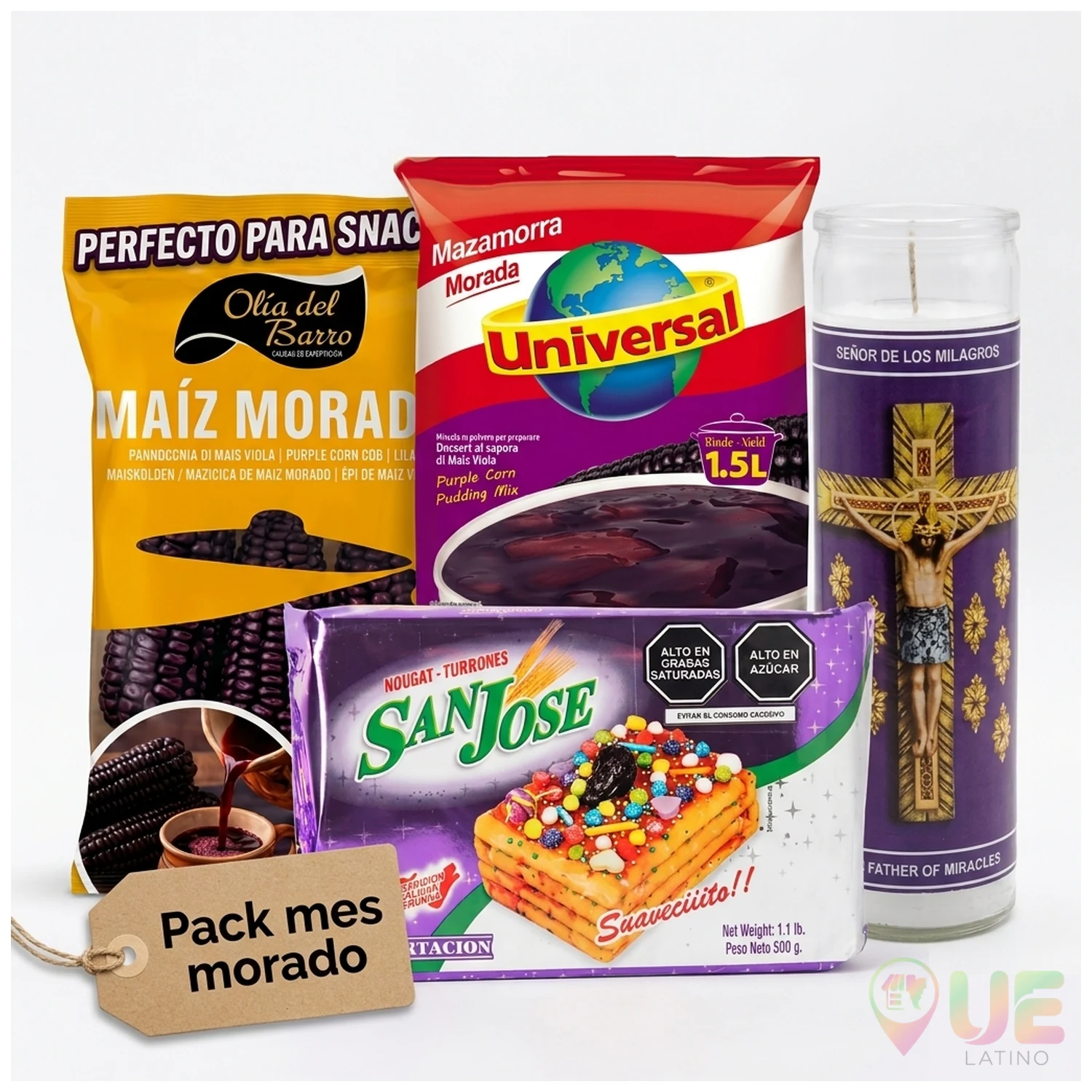 Pack Mes Morado con Turrón San José 500g, Mazamorra Universal, Maíz Morado e Candela Señor de los Milagros